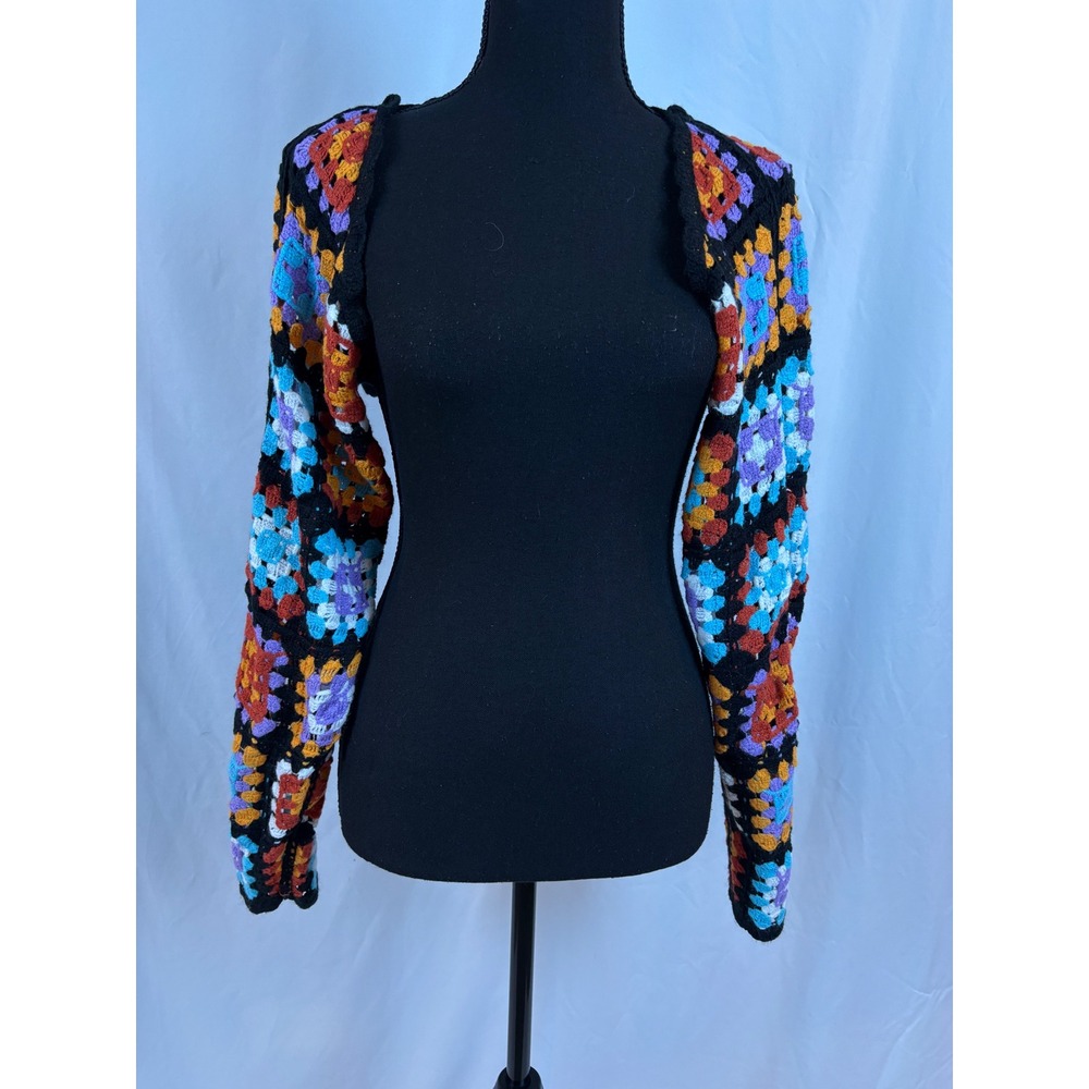 Multicolor Crochet Granny Square Shrug Bolero Cropped Cardigan Black Boho - Picture 2 of 11